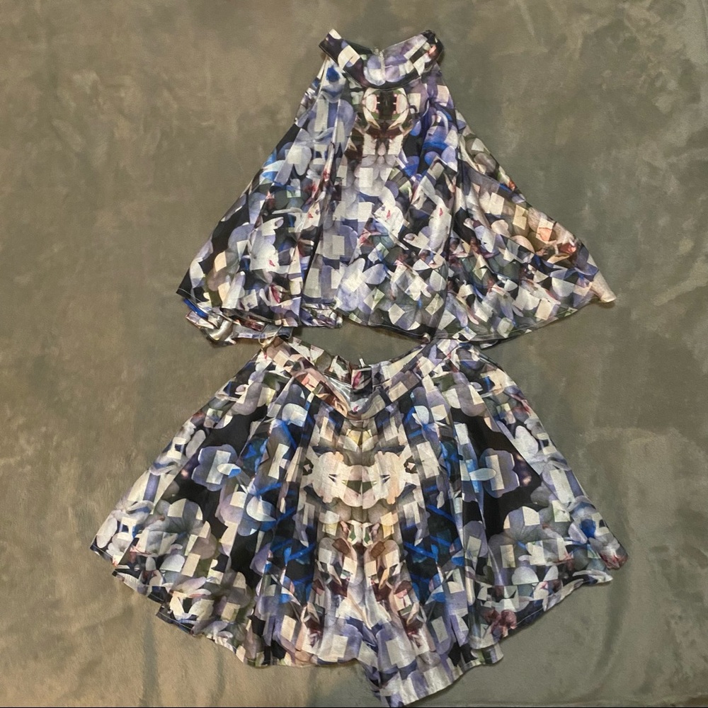 Cameo the Label/ C/Meo Collective shorts set. Multicolor kaleidoscope pattern.
